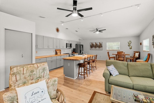 living room featuring vaulted ceiling, ceiling fan, a healthy amount of sunlight, and light hardwood / wood-style flooring