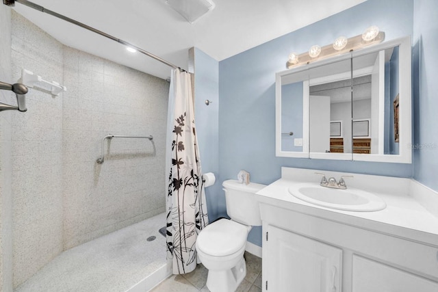 bathroom featuring vanity, tile patterned flooring, a shower with curtain, and toilet