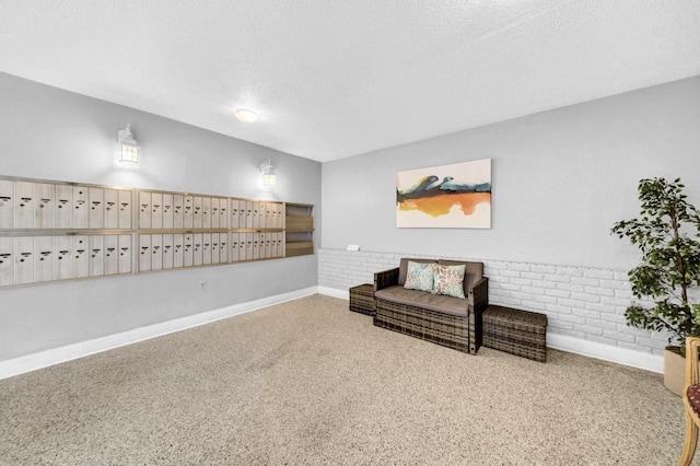 sitting room with a textured ceiling and a mail area