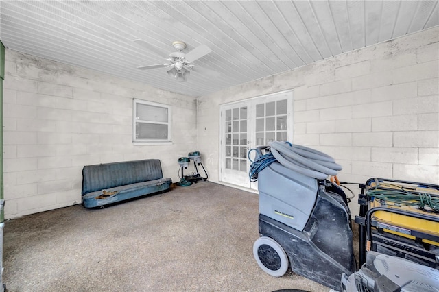 misc room with wood ceiling, french doors, and ceiling fan