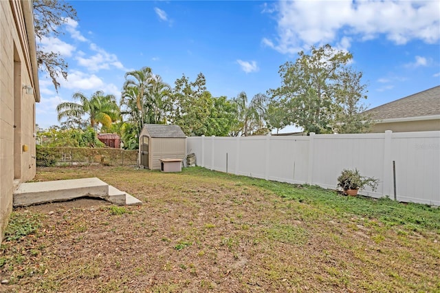 view of yard featuring a storage shed