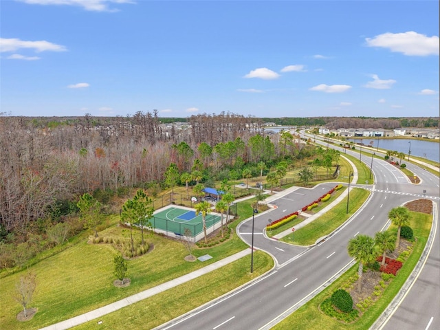 birds eye view of property with a water view