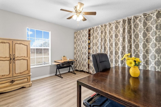 office space with ceiling fan and light wood-type flooring