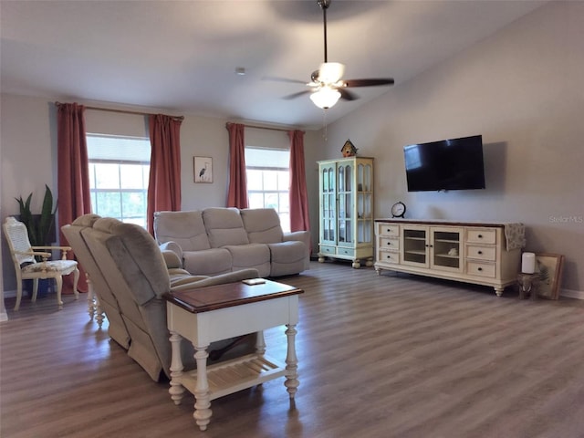20 Hemlock Trl, Ocala, FL 34472 - living room featuring lofted ceiling, baseboards, a ceiling fan, and dark wood-style floors