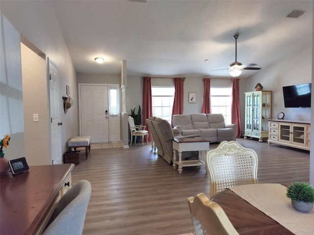 20 Hemlock Trl, Ocala, FL 34472 - living area featuring a ceiling fan, wood finished floors, and visible vents