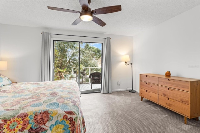 bedroom with light colored carpet, access to exterior, a textured ceiling, baseboards, and ceiling fan