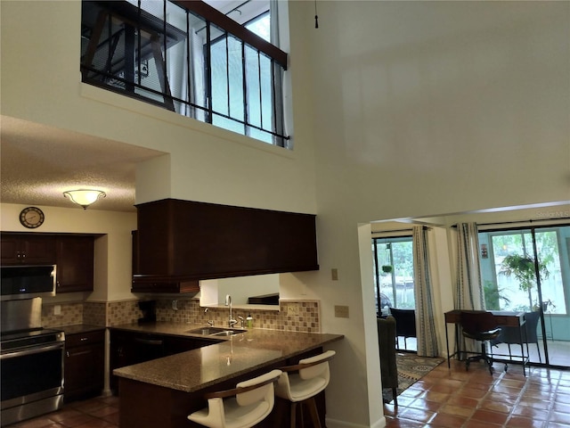 kitchen with stainless steel appliances, a towering ceiling, a sink, backsplash, and dark brown cabinetry