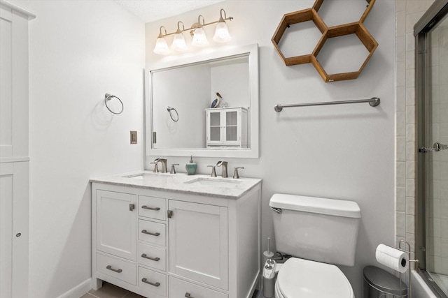 full bathroom with toilet, a shower with door, double vanity, and a bath