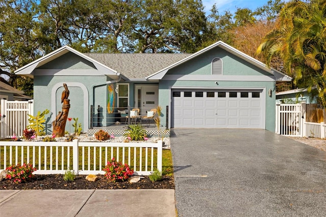 ranch-style home featuring a garage and covered porch