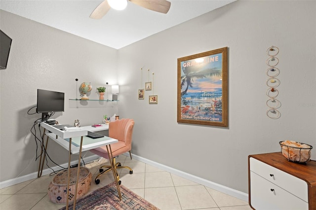 home office with ceiling fan and light tile patterned flooring