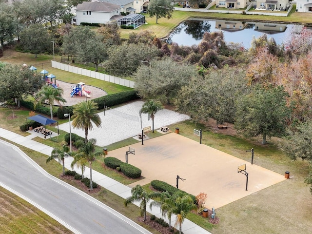 drone / aerial view with a water view