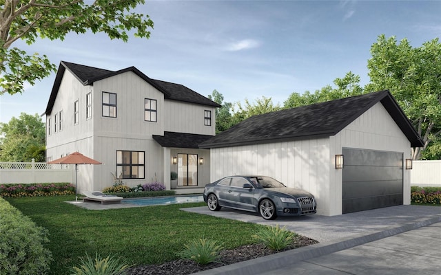 modern inspired farmhouse with a garage, an outdoor structure, a front lawn, and fence