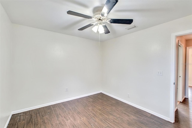 empty room with ceiling fan and dark hardwood / wood-style flooring