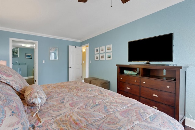 bedroom featuring ceiling fan and ornamental molding