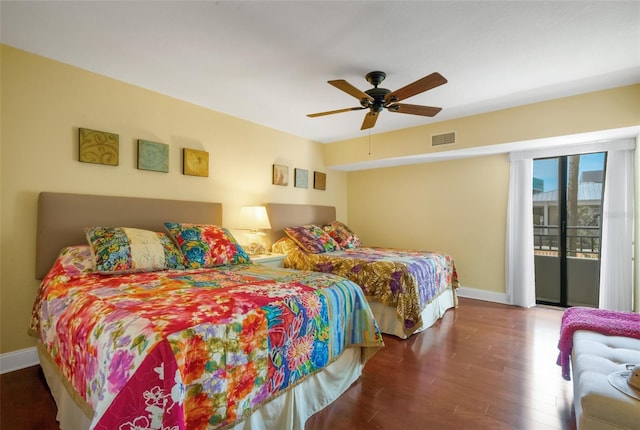 bedroom with ceiling fan, hardwood / wood-style floors, and access to outside