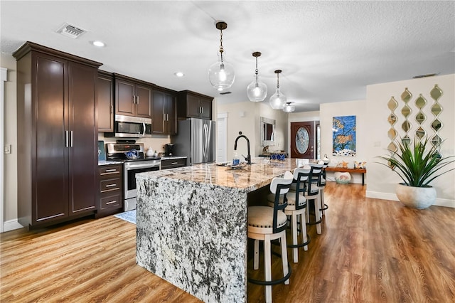 kitchen featuring dark brown cabinets, pendant lighting, sink, an island with sink, and stainless steel appliances