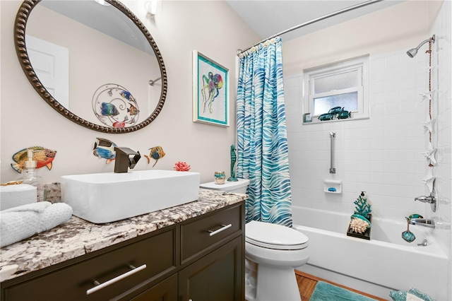 full bathroom with vanity, toilet, shower / bath combination with curtain, and wood-type flooring