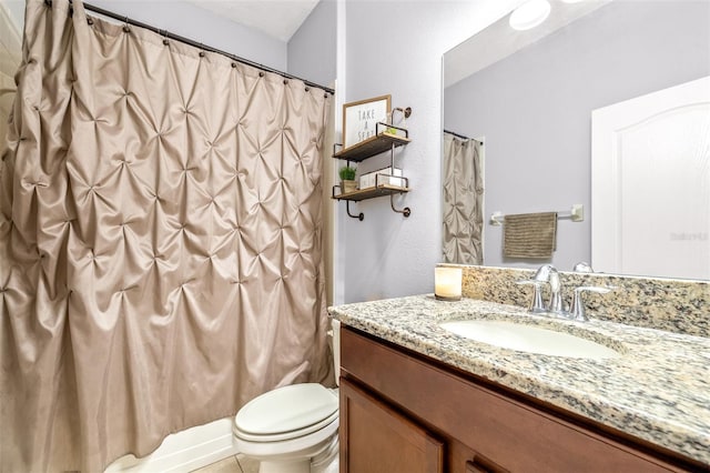 full bathroom with vanity, shower / tub combo with curtain, and toilet