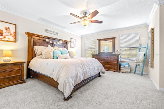 carpeted bedroom featuring crown molding, a textured ceiling, and ceiling fan