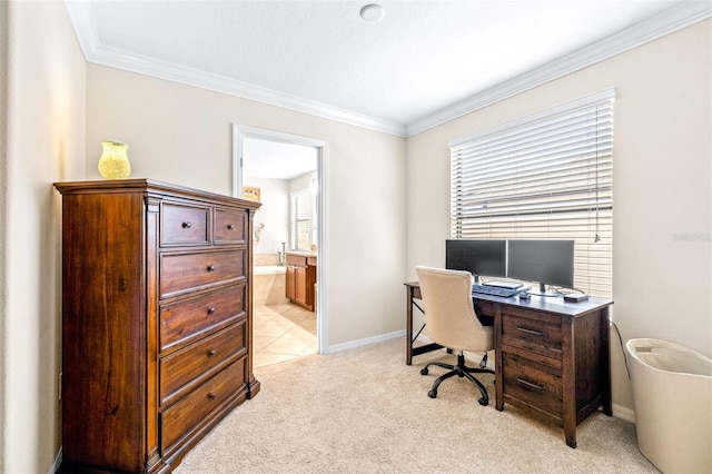 carpeted office with crown molding