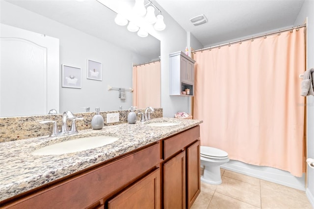 full bathroom featuring toilet, vanity, shower / bathtub combination with curtain, and tile patterned flooring