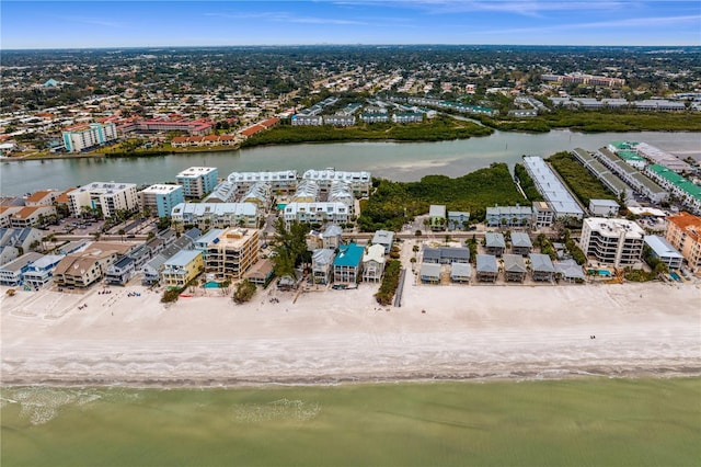 aerial view with a beach view and a water view