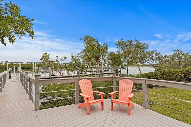 wooden deck featuring a dock and a water view