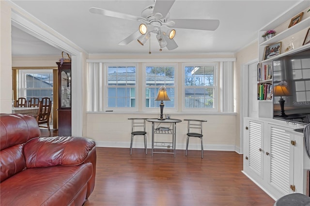 sitting room featuring ceiling fan, dark wood-type flooring, and crown molding