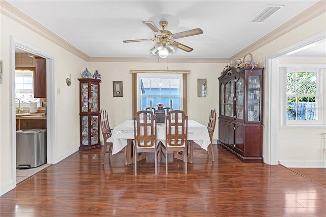 unfurnished dining area with ceiling fan, ornamental molding, dark hardwood / wood-style floors, and sink