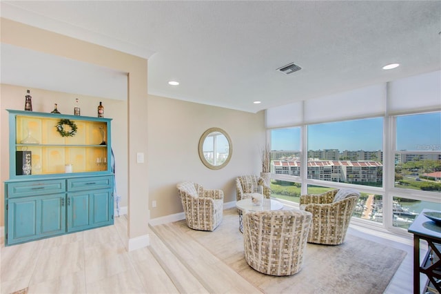 living room featuring a textured ceiling