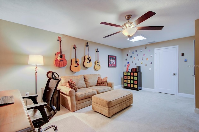 interior space with ceiling fan and light colored carpet