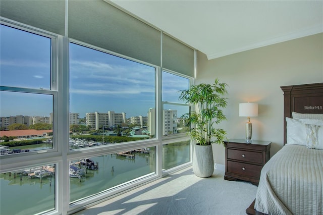 unfurnished bedroom with a water view, ornamental molding, and carpet flooring