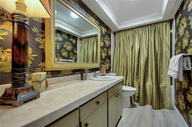 bathroom with vanity, toilet, and a raised ceiling