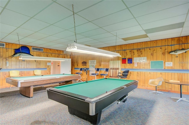 rec room with carpet flooring, a drop ceiling, and billiards