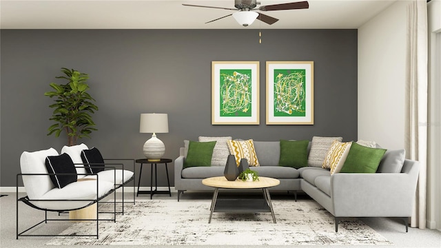 living room featuring ceiling fan and light carpet