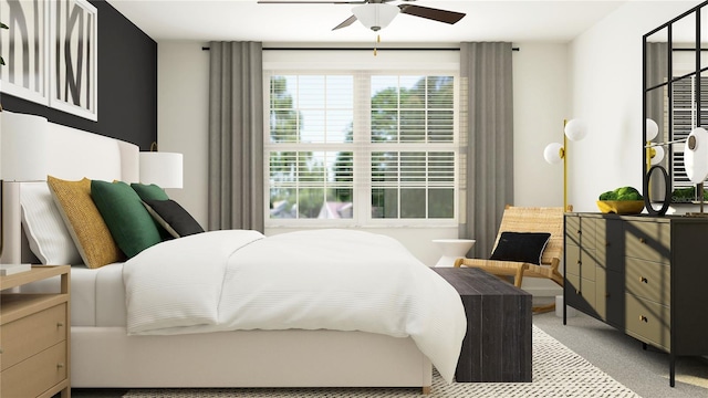 carpeted bedroom featuring ceiling fan