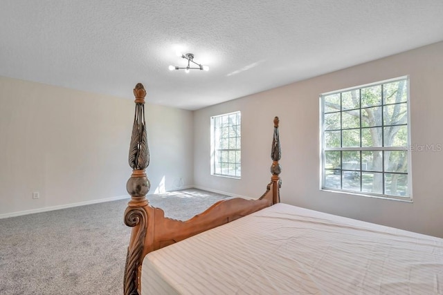 carpeted bedroom with a textured ceiling