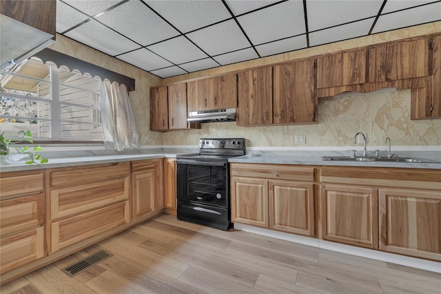 kitchen with sink, light hardwood / wood-style flooring, black range with electric cooktop, and a drop ceiling