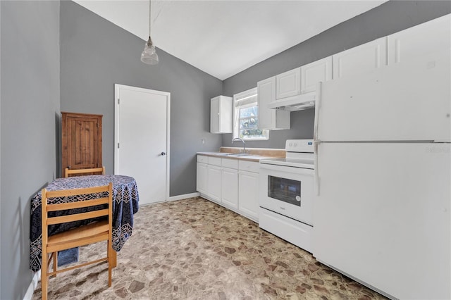 kitchen featuring decorative light fixtures, sink, white appliances, and white cabinets