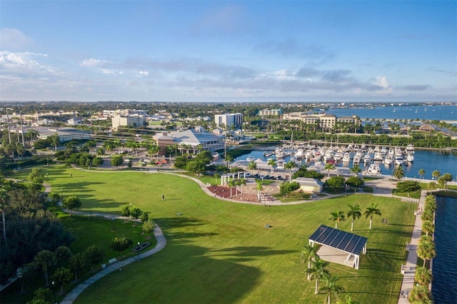 drone / aerial view with a water view