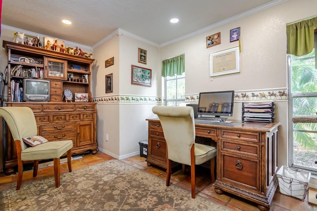 tiled office space featuring crown molding