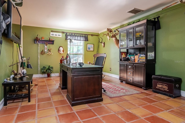 tiled office space featuring crown molding