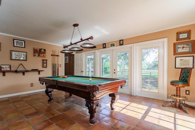 recreation room featuring ornamental molding, pool table, and french doors