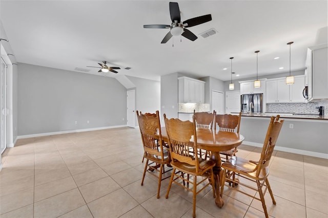 dining area featuring light tile patterned floors, recessed lighting, a ceiling fan, visible vents, and baseboards