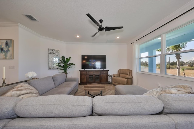 living room with ornamental molding, ceiling fan, and a textured ceiling