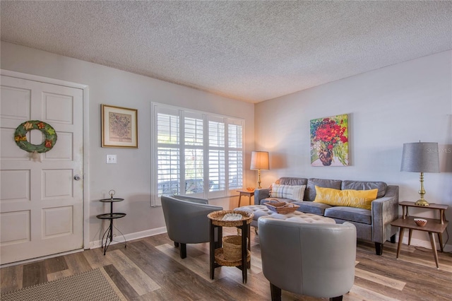 living room with wood-type flooring and a textured ceiling