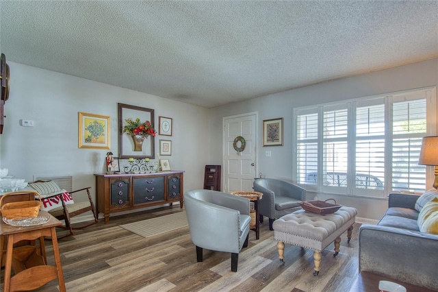 living room with hardwood / wood-style floors and a textured ceiling