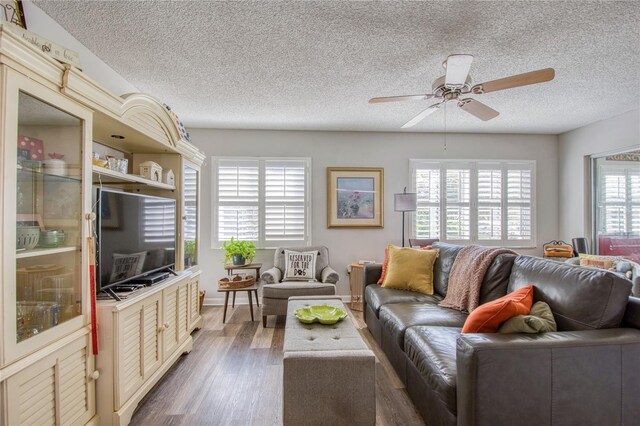 living room with ceiling fan, dark hardwood / wood-style flooring, and a textured ceiling