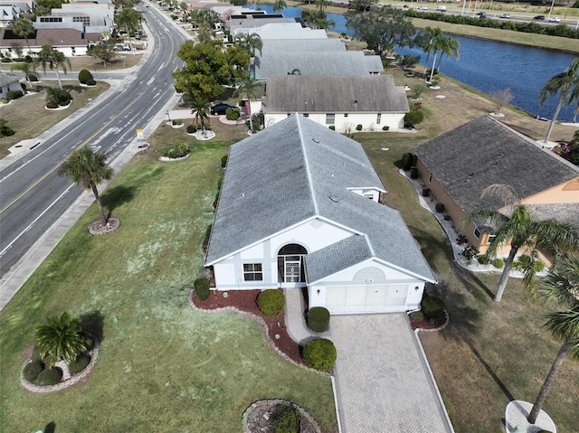 drone / aerial view featuring a water view