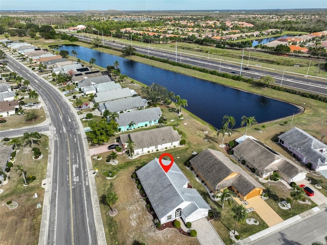 aerial view featuring a water view